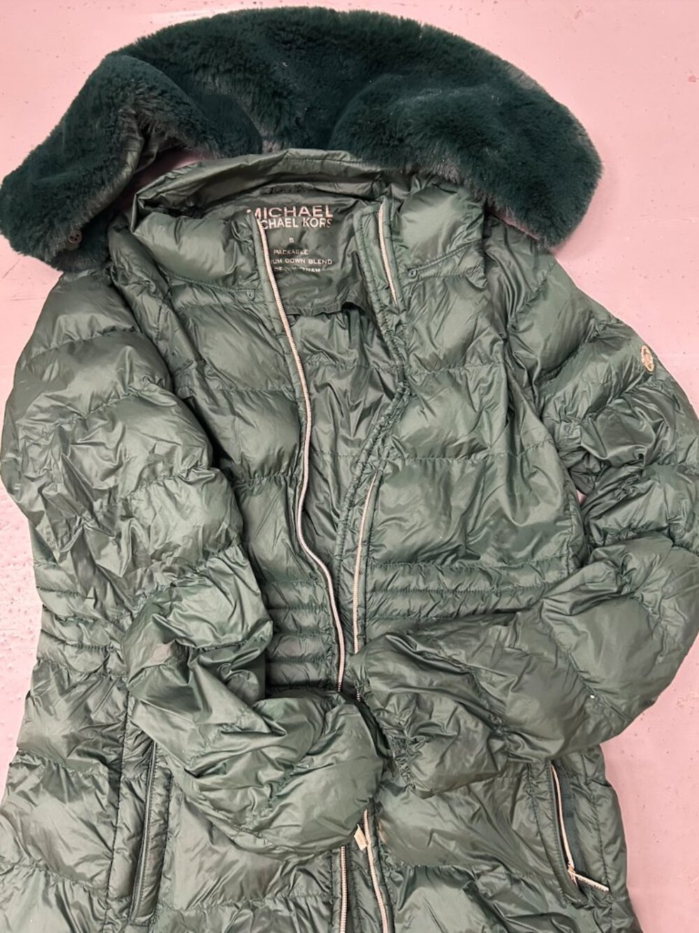 Michael Kors Green Puffer Jacket With Detachable Fur